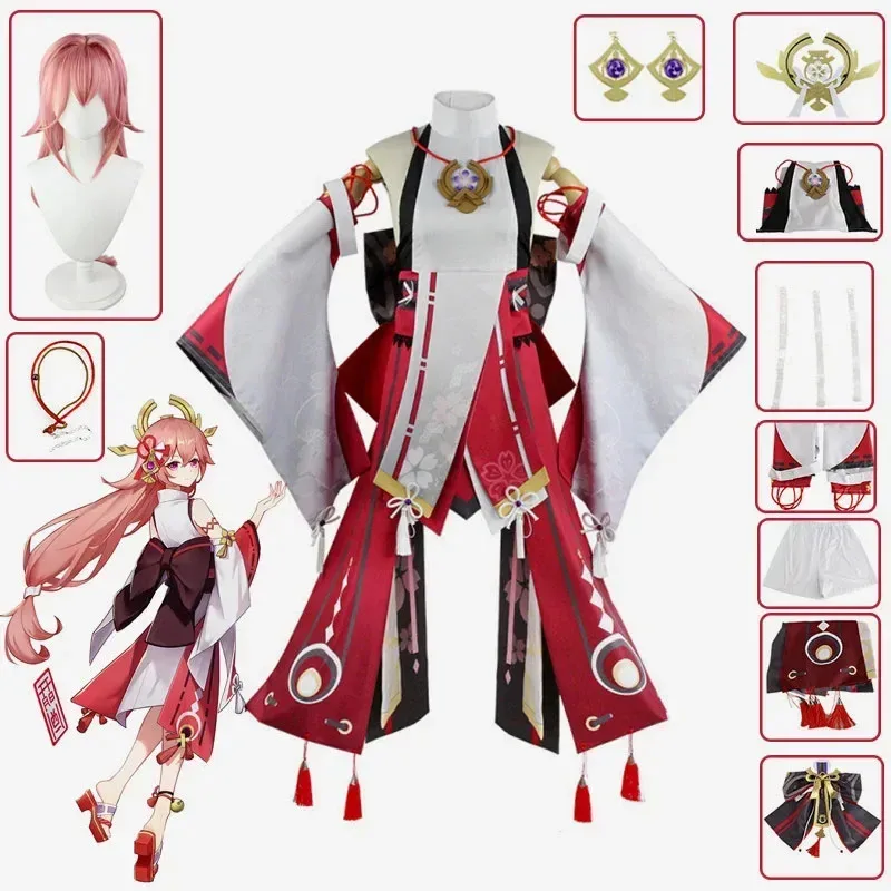 

Genshin Impact Yae Miko Cosplay Costume Woman Fancy Outfits Full Set Yae Dress Wig Headwear Ears Tail Earrings Yae Miko Dress