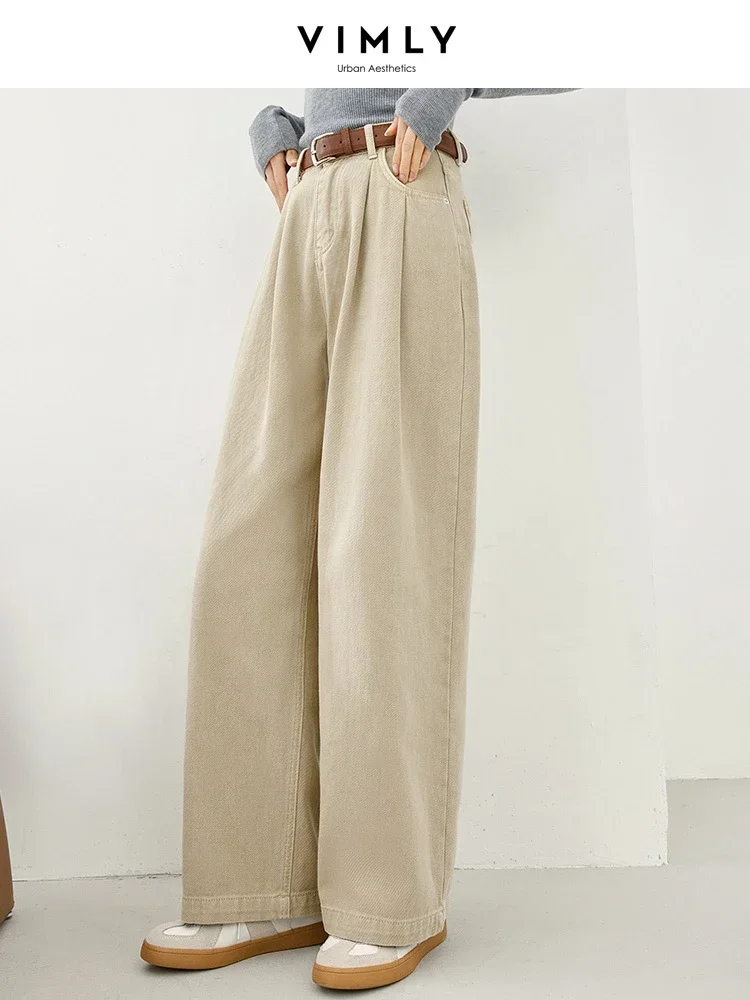 

Vimly Khaki Baggy Pants Women 2024 Spring High Waist Wide Leg Casual 100% Cotton Loose Straight Pant Leather Belt Trouser M5720