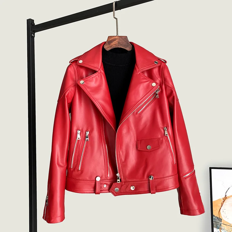 سترة جلدية أصلية لخريف وشتاء 2025 بقصة ضيقة من جلد الغنم وسحاب للدراجات النارية معطف لسائقي الدراجات النارية ملابس خارجية بياقة مقلوبة #2