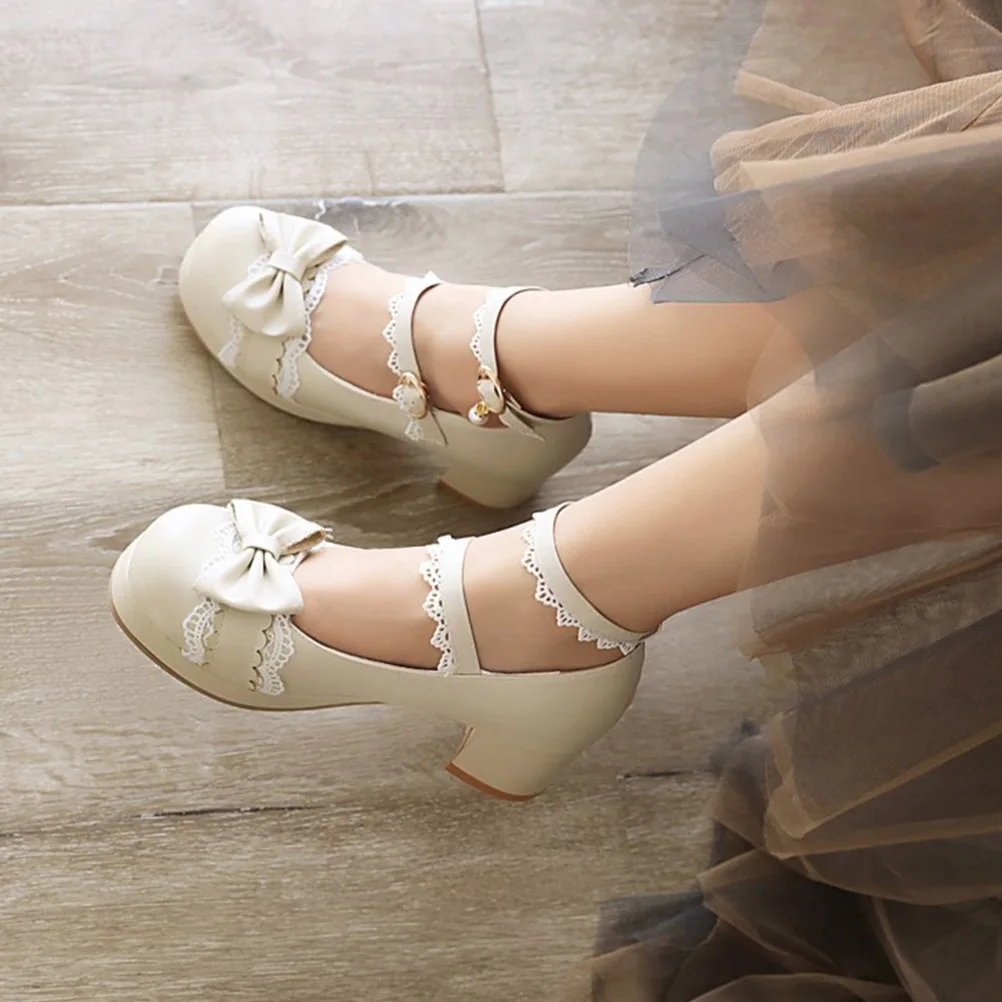 

1 пара туфель в стиле Лолиты на высоком каблуке с бантом и круглым носком, удобная прочная повседневная студенческая обувь, модная обувь для вечеринок и свиданий