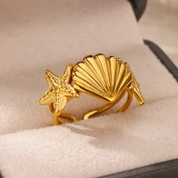 Starfish Shell Rings for Women Open Gold Color Stainless Steel Ring Lucky Simple Ocean Aesthetic Jewelry Unisex Christmas Gifts