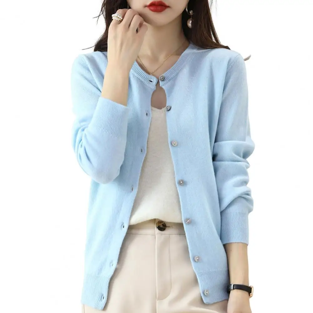 Elegancki sweter damski z dzianiny, płaszcz z okrągłym dekoltem, długie rękawy, zapinany na jeden guzik, jednolity kolor, kardigan na co dzień.
