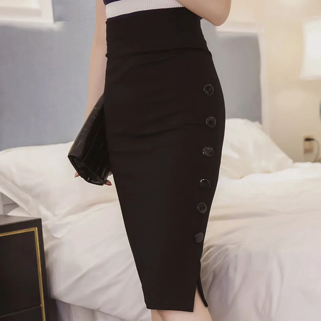 Elegant Women Vintage Office Lady Slim Skirts High Waist Buttons Slit Pencil Skirts Women Summer Sexy S-5XL Stretch Midi Skirts