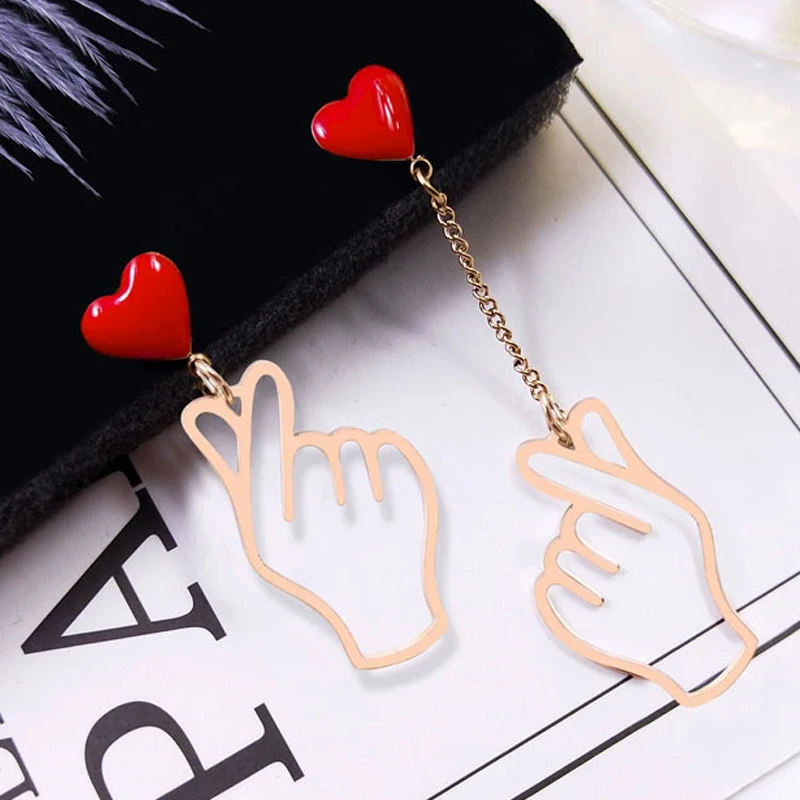 Asymmetric Heart Drop Earrings for Women Red Enamel Oil Hollow Out Metal Hand Shape Dangle Earrings Trendy Sweet Jewelry Gifts