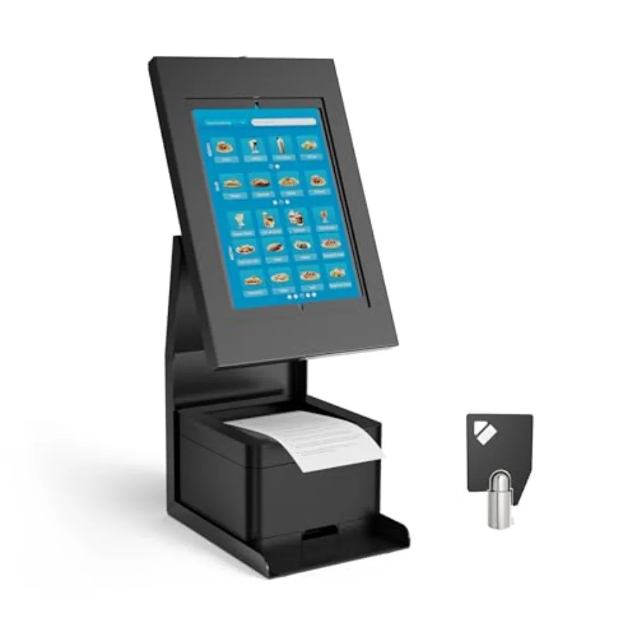 

iPad Kiosk Stand with Printer Shelf Locking Anti-Theft Tablet POS Stand for Countertop Checkout 90 Rotation +145/-20 Tilt Compa
