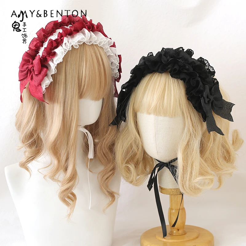 Lolita Hair Accessories Sweet Cute Ballet Style Bow Lace Ruffle Edge Headband Splicing Color Versatile Kawaii Cosplay Headband