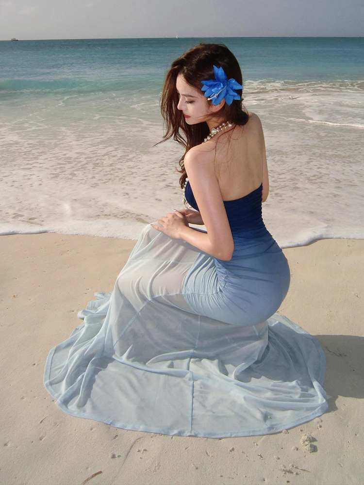 Bleu adient Strapl longue Dr Ele Fi queue jupe plage Vaion Sle robe No Sve soirée Par Wear