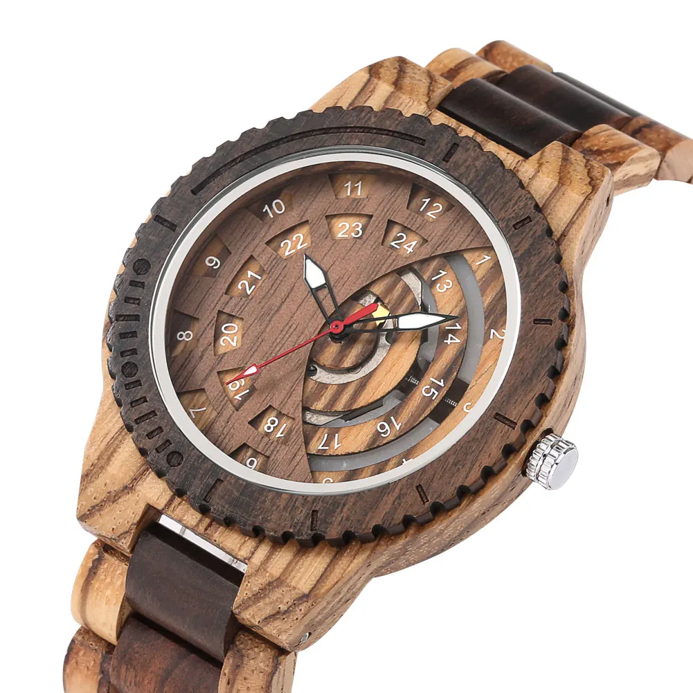 Vintage Hollow Dial Gear Surface Wooden Men Watches Full Wood Wristband Bracelet Casual Retro Men\'s Wrist Watch Folding Clasp