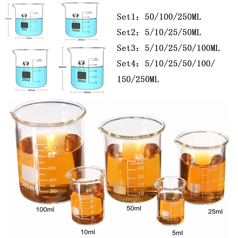 1-7PCS New 5/10/25/50/100-500ml  Pyrex  Glass beaker Borosilicate GG-17 Graduated Beakers  Measuring Glass Chemistry Beakers