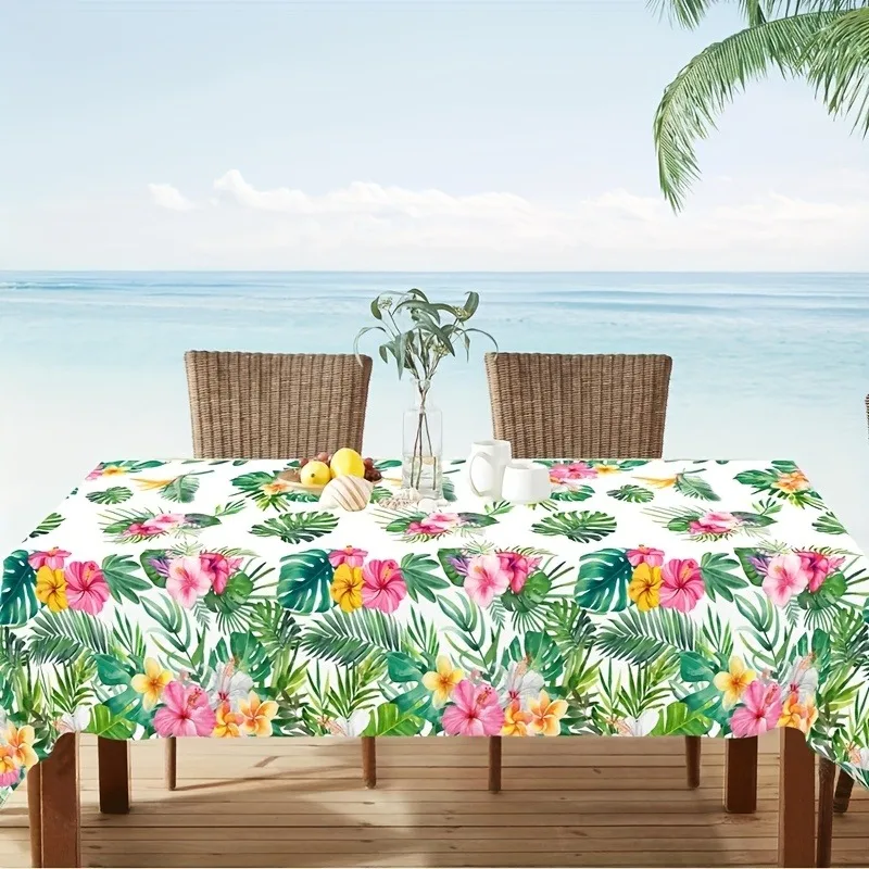 Hawaiian-style tablecloth - Tropical palm leaves and orchid flower pattern, wedding decoration, summer decoration