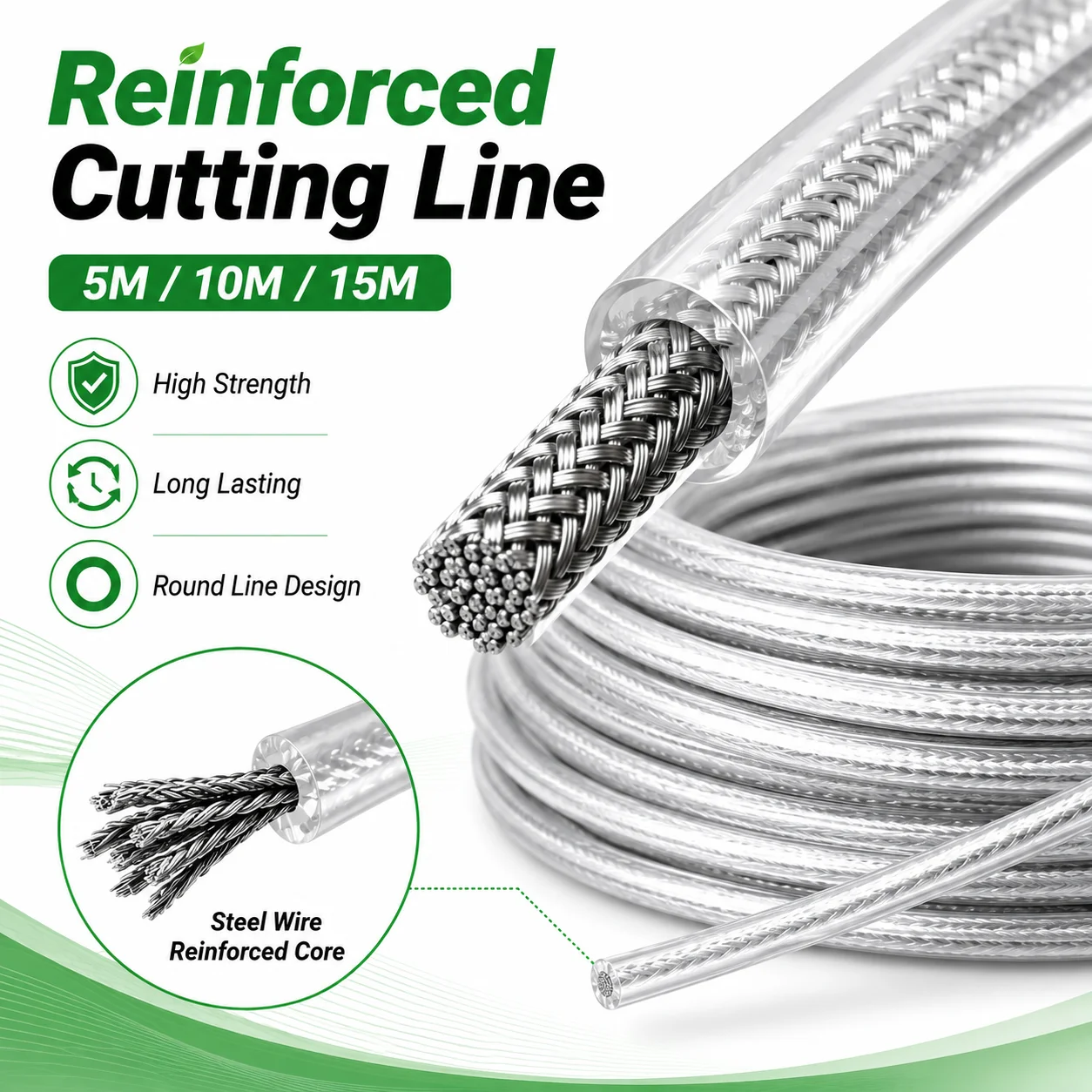Fio de Nylon para Roçadeira de Aço 5M/10M/15M, Corda para Roçadeira, Cabo para Cortador de Grama, Rolo de Reposição Redondo Durável para Corte de Grama