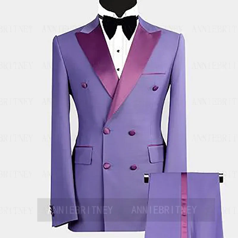 Fato formal trespassado duplo azul céu masculino, smoking elegante do noivo, blazer de baile de formatura, alta qualidade, conjunto de 2 peças