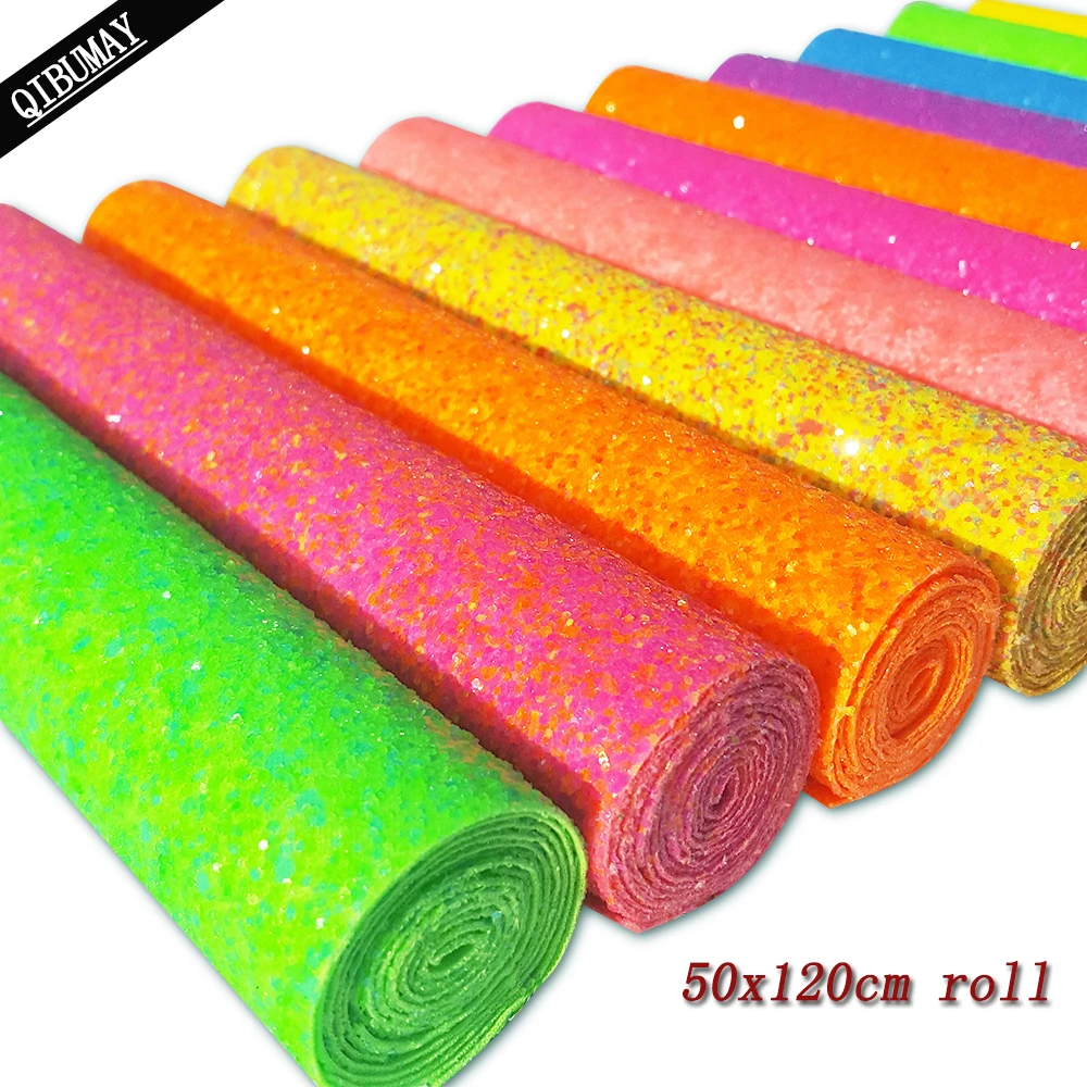 QIBU 50x120cm Chunky Glitter Fabric Roll Colorful Thick Synthetic Leather Accessories DIY Hair Bow Materials Handmade Gift Bags