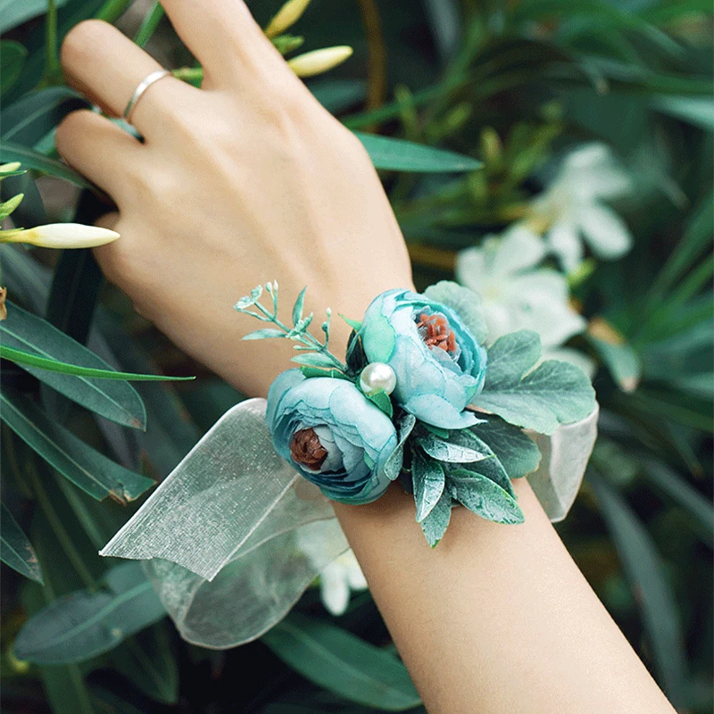 Girls Bridesmaid Wrist Flowers Wedding Prom Party Boutonniere Rose Bracelet Fabric Hand Flowers Wedding Supply Accessories