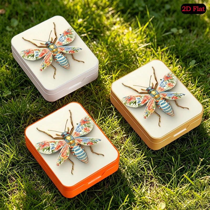 Floral Winged Insect theme Desktop Small Object Organizer Flip Top Tin Box, UV Printed Portable Custom Pattern Tinplate Box