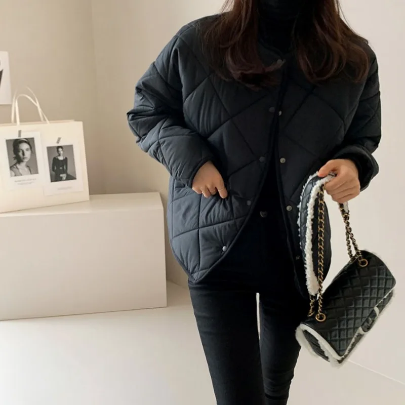 Argyle Single Breasted Parkas Vintage Fashion Loose Outerwears Long Sleeve Ropa Mujer 2025 Woman Casaco Winter Warm Jacket