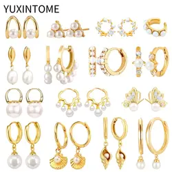925 Sterling Silver Ear Needle Pearls Hoop Earrings For Women Fine Jewelry Piercing Stud Earrings Bohemia Pendientes Earings