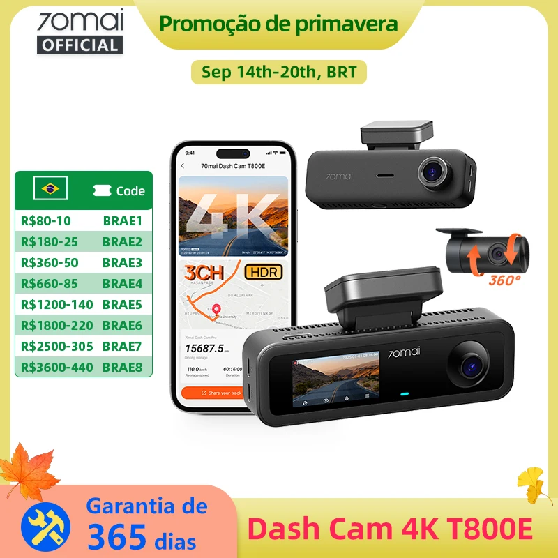 Câmera Veicular 3 em 1 70mai T800E com 3 Canais, 4K HDR f/1.55, GPS Integrado, Controle por Voz e Modo de Estacionamento 24H com Supercapacitor