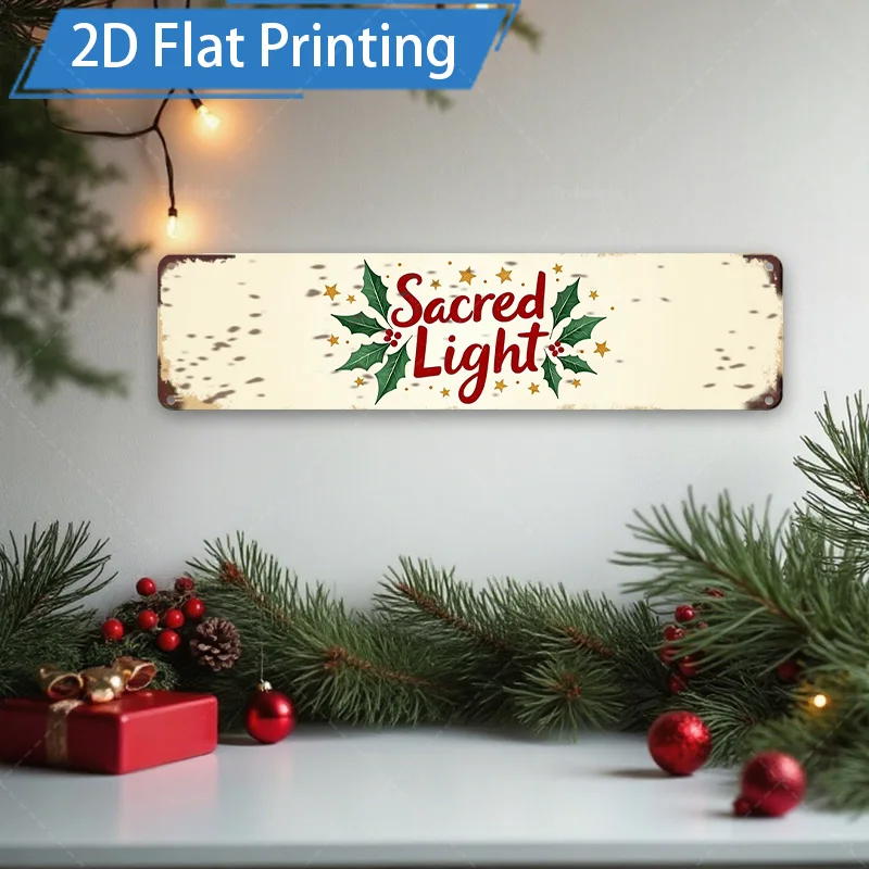 [2D FLAT] علامة معدنية قطعة واحدة، 4 × 16 بوصة ضوء مقدس لعيد الميلاد علامة معدنية ديكور جدار الفن