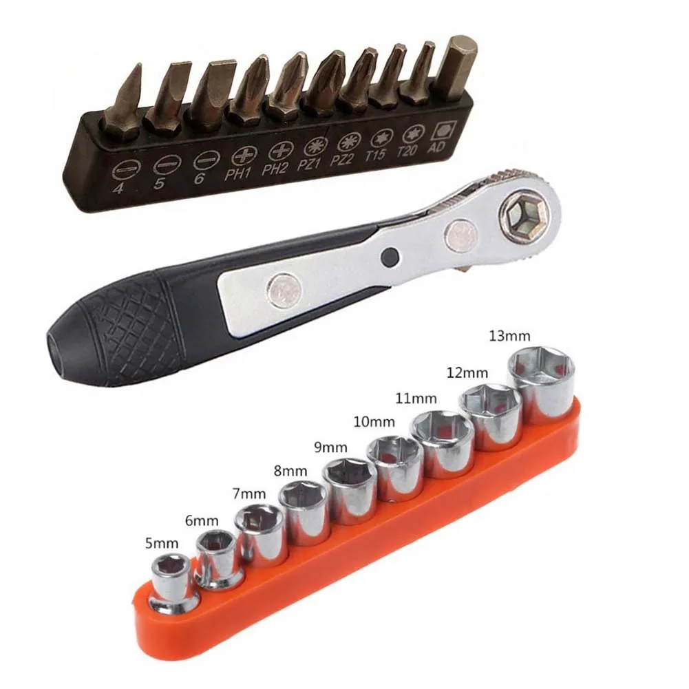 Quick Ratchet Screwdriver Wrench Socket Kit 5-13mm 1/4inch Driver Screwdriver Cross Bits T10/T20 Hand Tools