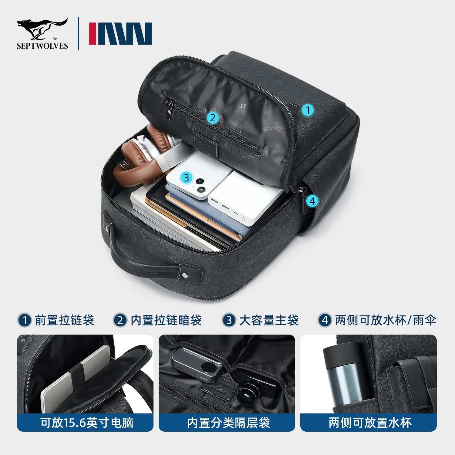 Septwolves Luxury Leather Backpack for Men Monogram Printed