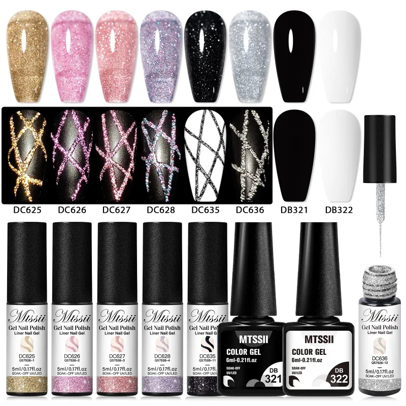 

8 шт. Светоотражающая блестящая подводка, набор гель-лаков для ногтей, золотой шампанское, серебристый, розовый, красный, французская живопись, рисунок ногтей, набор УФ-геля