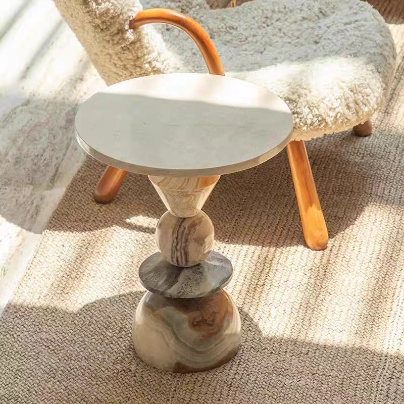 Marble Round Art Side Table American Country Retro Creative Jade Stone Balcony Small Coffee Table Hole Stone Corner Table image 3