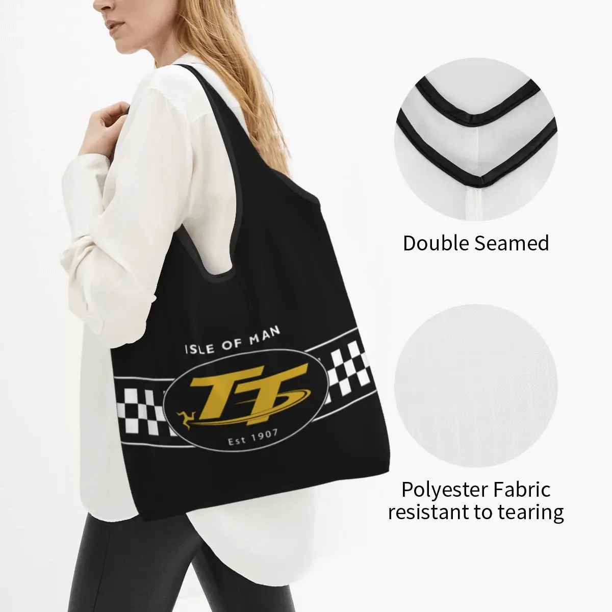 Funny Printed Isle Of Man Tt Racing Motorcycle Tote Shopping Bags Portable Shopper Shoulder Handbag