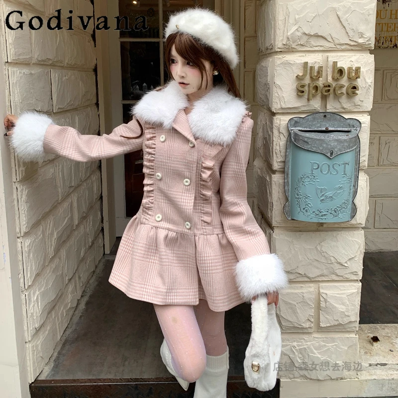 

Autumn Winter Warm Pink Brown Plaid Coat Women's Original New Lolita Style Sweet Coat Female Japanese Fur Collar Jacket