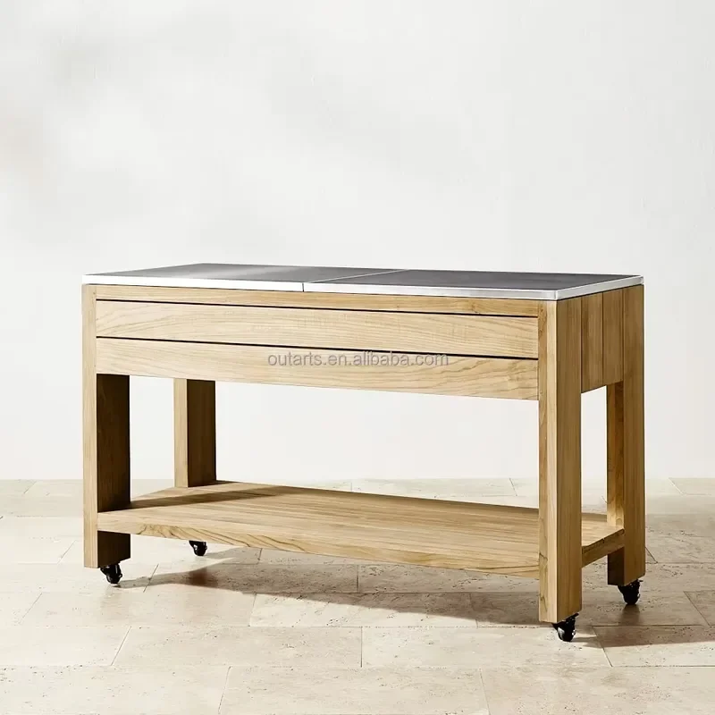 Natural Solid Teak Furniture Garden Storage Hotel Resort Villa Outdoor Kitchen Cabinet With Drawer and Wheel