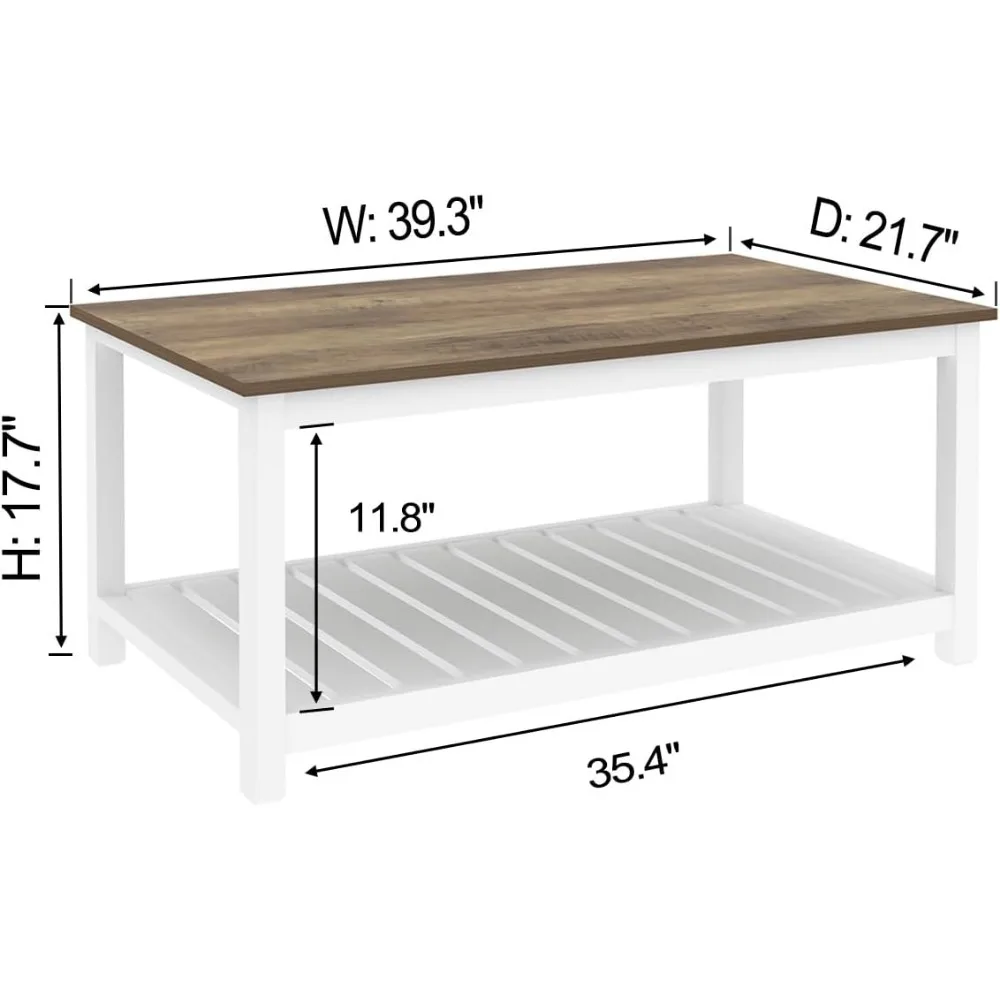 Meja kopi Farmhouse dengan rak penyimpanan, Meja Cocktail Kayu Vintage pedesaan untuk ruang tamu, putih 21.7 "D X 39.3" W X 17.7 "H