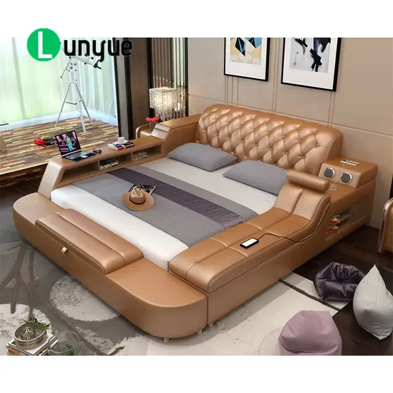 Luxury Smart Massage Bed with Music Automatic Function Modern Leather Frame Storage Drawer Safe Multifunctional Bedroom