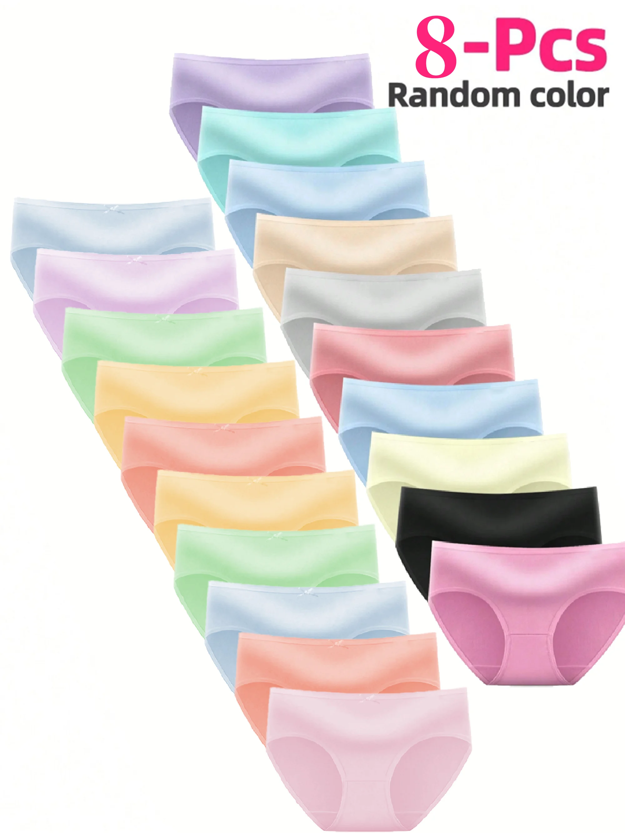 Random Set of Eight Pieces for Girls, Multi-Colored Rainbow Macaron Color Series, Soft and Comfortable, Simple Cotton Briefs with Bowknot and Floral Design