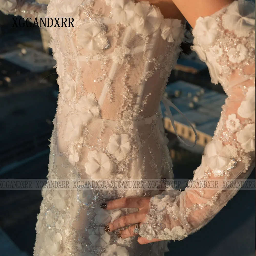 ชุดแต่งงานสั้นหรูหรา ปี 2026 ผ้าลูกไม้ ประดับดอกไม้ 3 มิติ ปักเลื่อม แขนยาวถอดได้ ชุดเจ้าสาวแบบมินิ  สามารถสั่งตัดได้