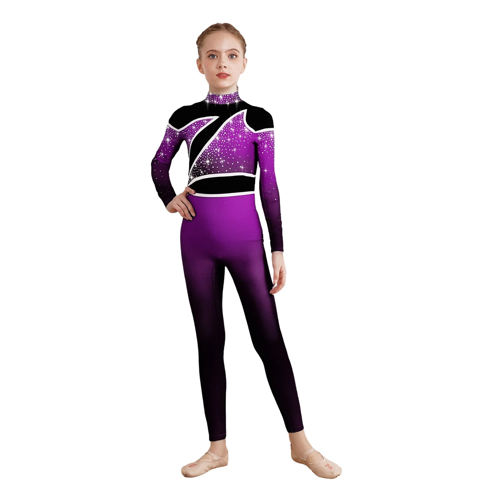 

Kids Girls Acrobatics Gymnastics Jumpsuit Ballet Dance Bodysuit Color Block Gradient Rhinestones Mock Neck Long Sleeve Bodysuit