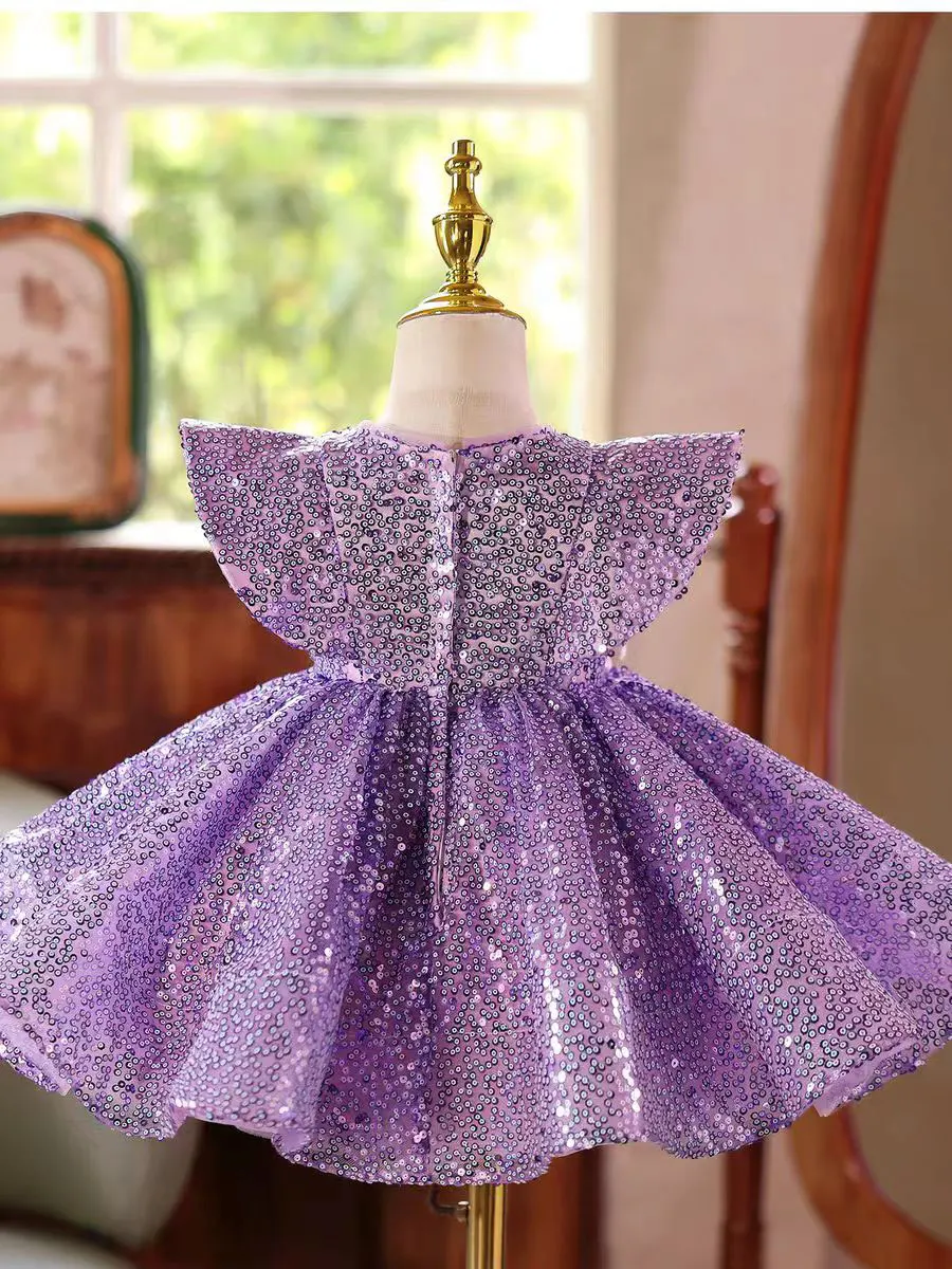 Jill Wish J598 Abito da ragazza di fiore viola Fiori fatti a mano Piume Lunghezza al ginocchio Principessa Bambini Matrimonio Compleanno Festa Abito formale