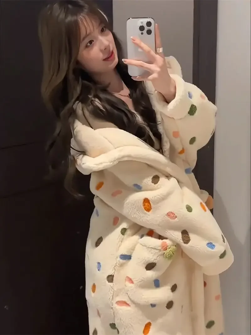 Plus Velvet Hooded Robes Women Print Warm Plush Sleepwear Girls Home Thicker Ulzzang Soft Lounge College Young Dormitory Winter