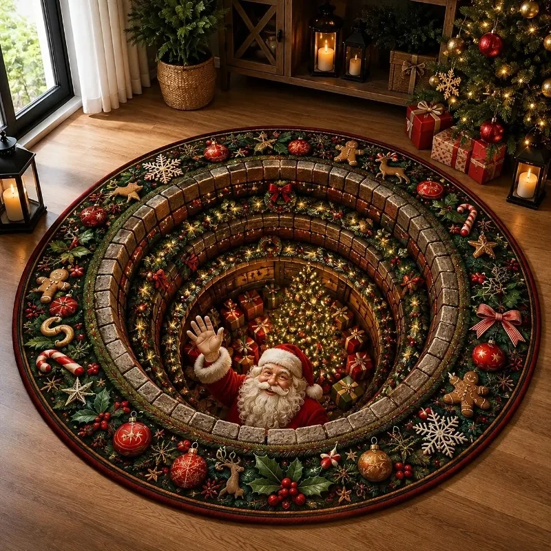 Flannel Area Carpet Merry Christmas Calligraphy Rug Silhouette Santa Sleigh Printed Circular Floor Mat Cream White Decor