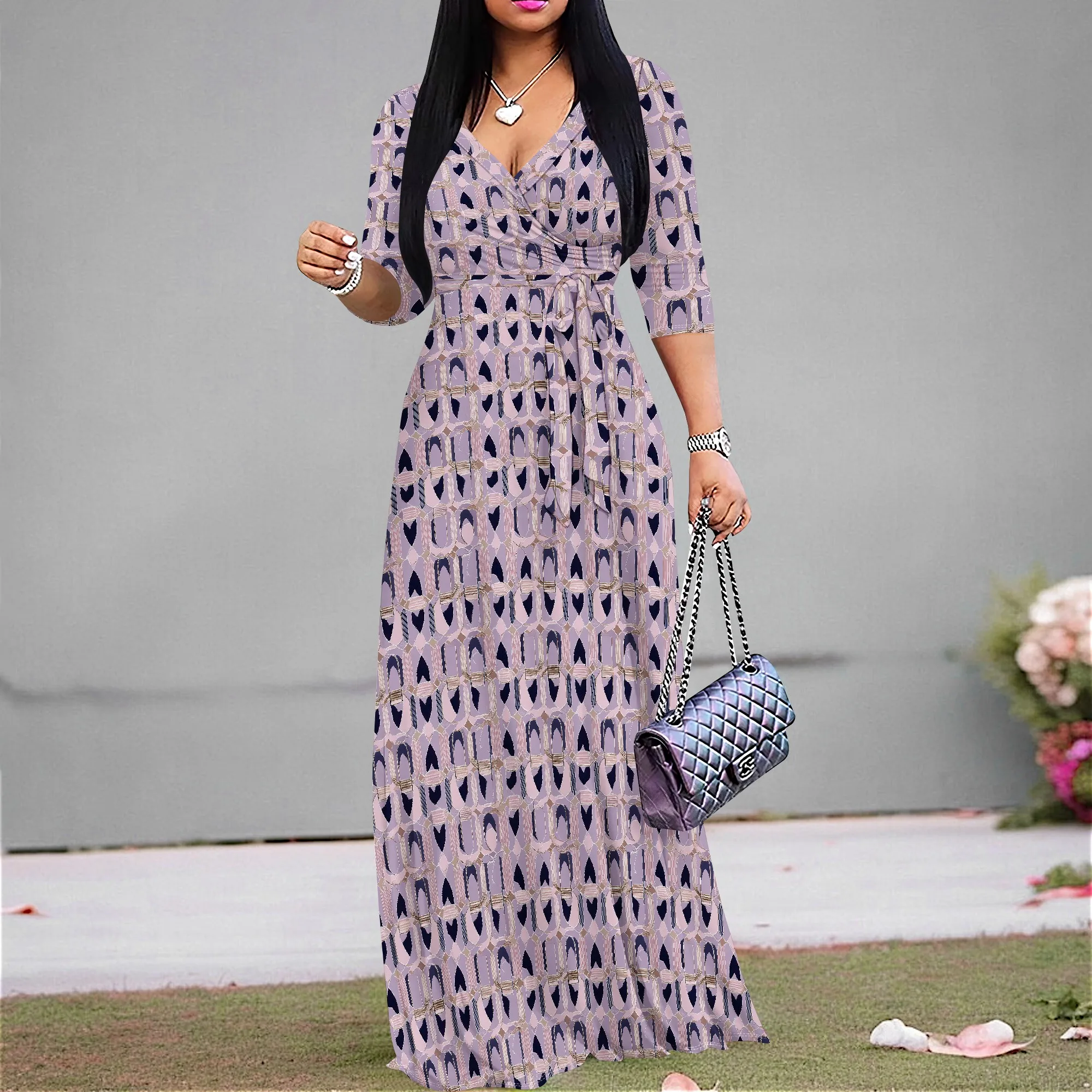 

Afrocentric Geometric Print Wrap Maxi Dress Elegant Belted Plus Size S‑3XL Church & Juneteenth Wear