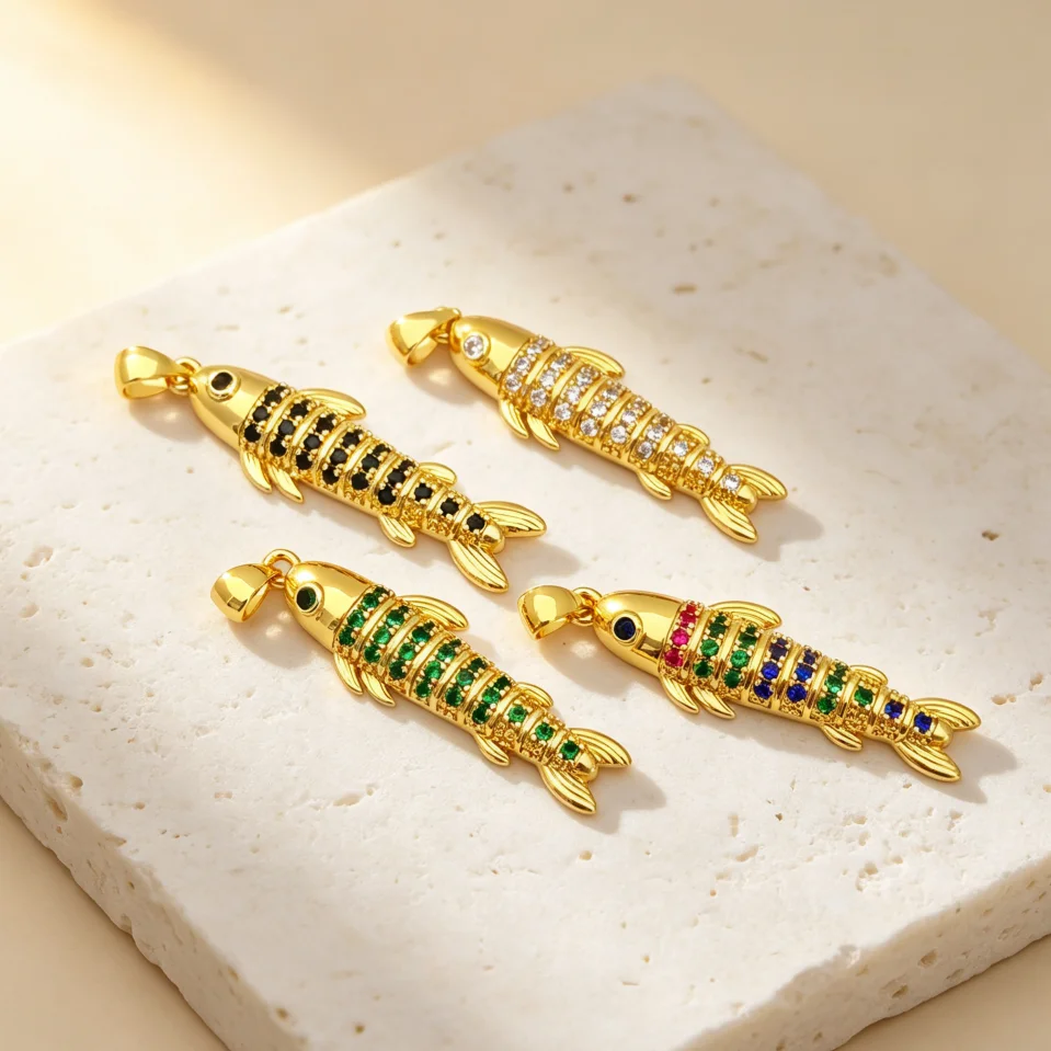 2Pcs Pendants Brass Gold Plated Color Zircon Koi Fish Fishbone Shape Charms for Diy Jewelry Necklace Bracelet Making Accessories