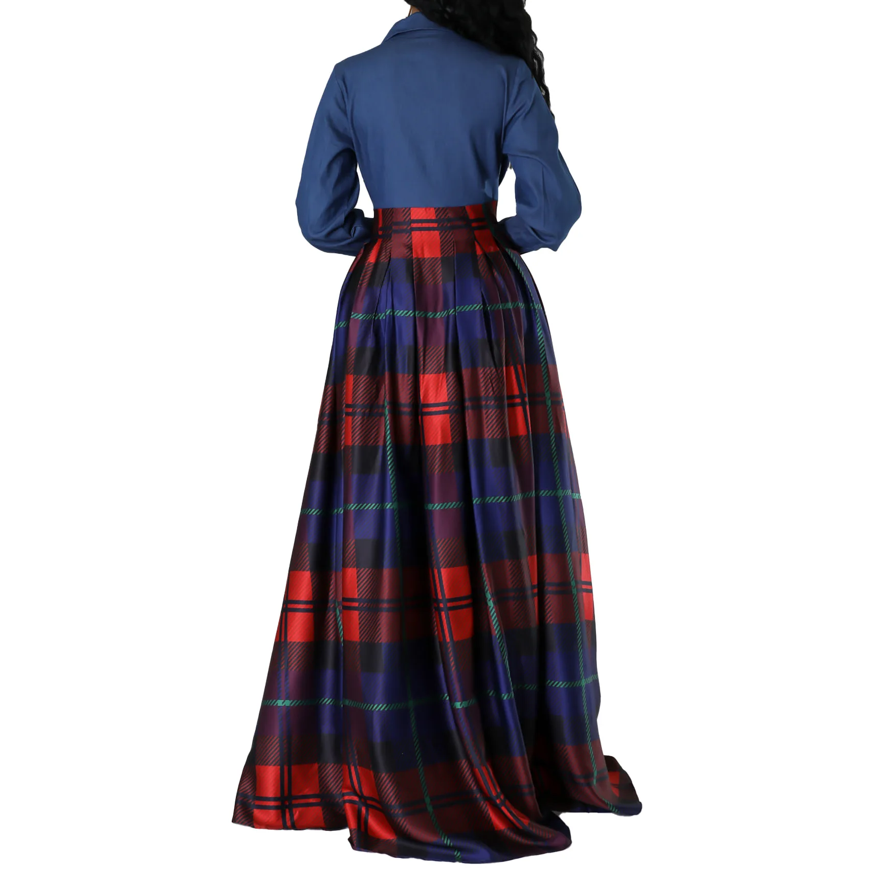 Women Fashion Casual Plaid Printed Lapel Neck Shirt Dress 2025 New Long Sleeves Patchwork Buttons Mxi Dresses Real Picture