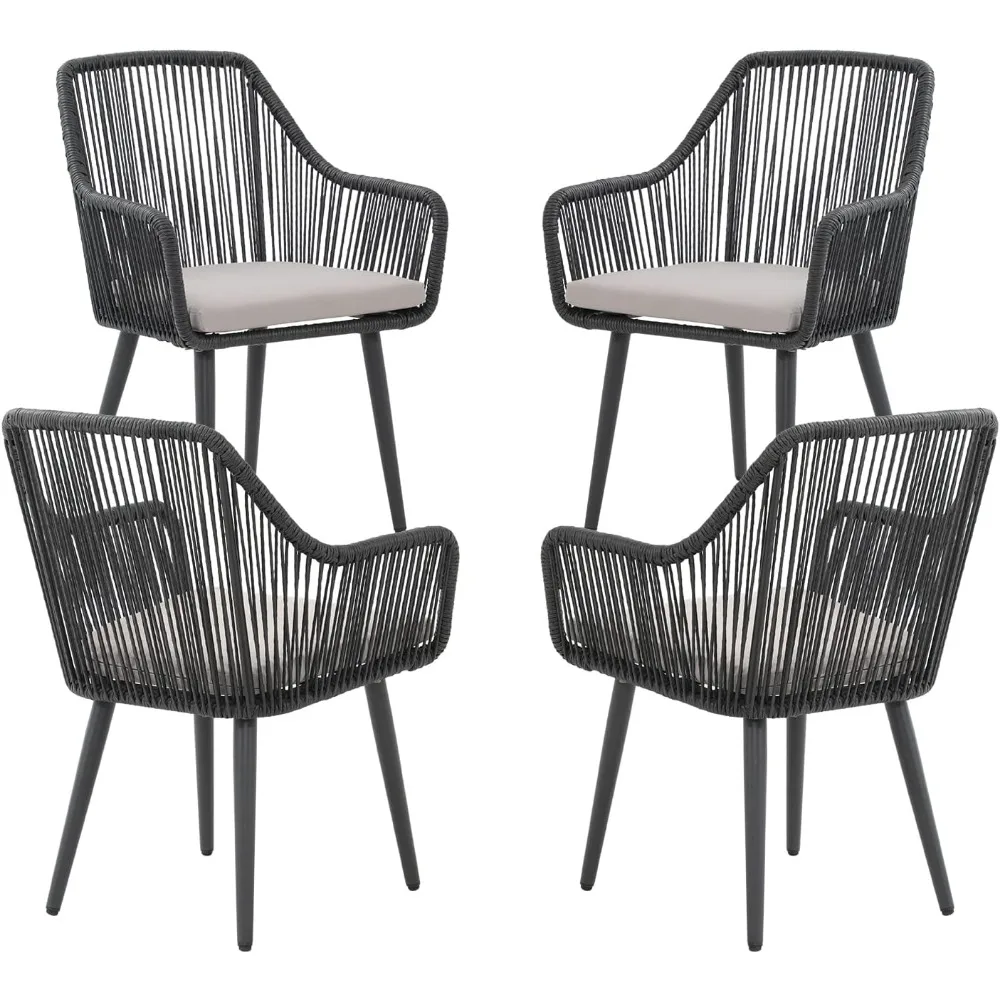 

Outdoor Patio Dining Chairs Set of 4, Woven Rattan Chairs with Armrest & Cushions Kitchen Wicker Dining Chairs with Iron Frame,