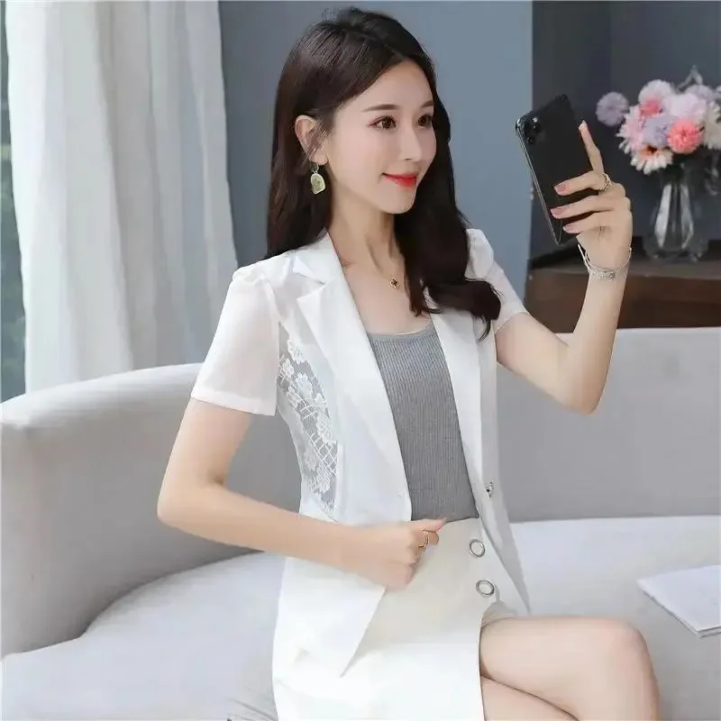 Hollow Lace Blazer Tops Women Summer Short Sleeve Temperament Thin Cardigan Sun Protection Clothing Short Small Suit Jacket