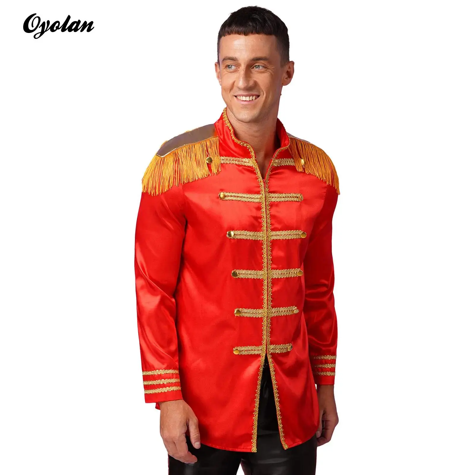 

Mens Hippy Medieval Long Outerwear Tassel Gold Trims Zip-up Satin Jackets Circus Ringmaster SGT Sergeant Pepper Cosplay Costumes