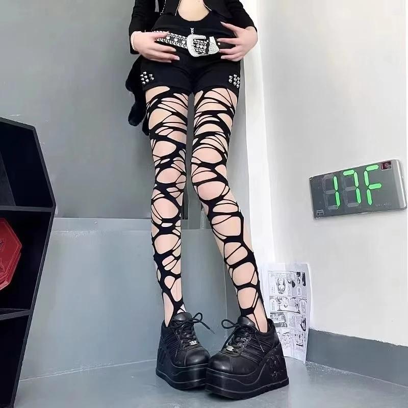 Seksi Siyah Yırtık Fishnet Tayt Kadın Gotik Punk Hollow Out Sıkı Örgü Külotlu Çorap Tayt Emo Tarzı Egirl streetwear