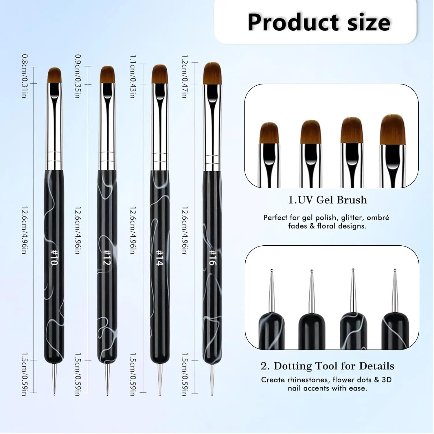 4-teiliges Set Doppelendiger UV-Gel-Nagelbürsten, Zwei-Wege-Poly-Gel-Builder-Bürste mit Dotting-Tool für Nagelverlängerung, Maniküre, DIY – Detail 2