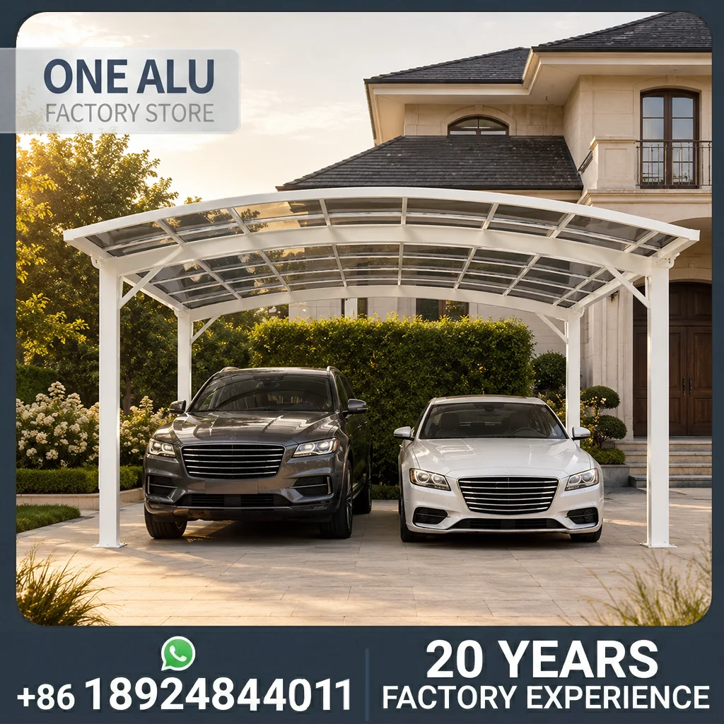 

OneAlu Ivory Curved Carport: Elegant Double Parking Shelter for Mansion Driveways with White Aluminum Frame