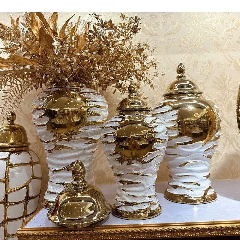 Golden Splash Stripe Ceramic General Storage Jar Gold-plated Vase Flower Arrangement Desktop Jewelry Cosmetic Container