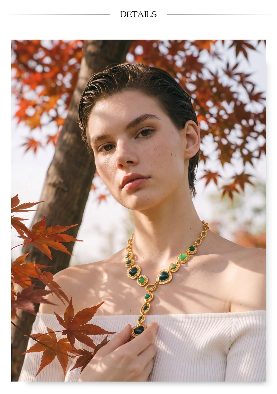 Yhpup Edelstahl-Halskette mit grünem Harz und Y-Kette, Statement-Halskette im Herbst-Winter-Stil, beliebter Charm-Schmuck – Detail 4
