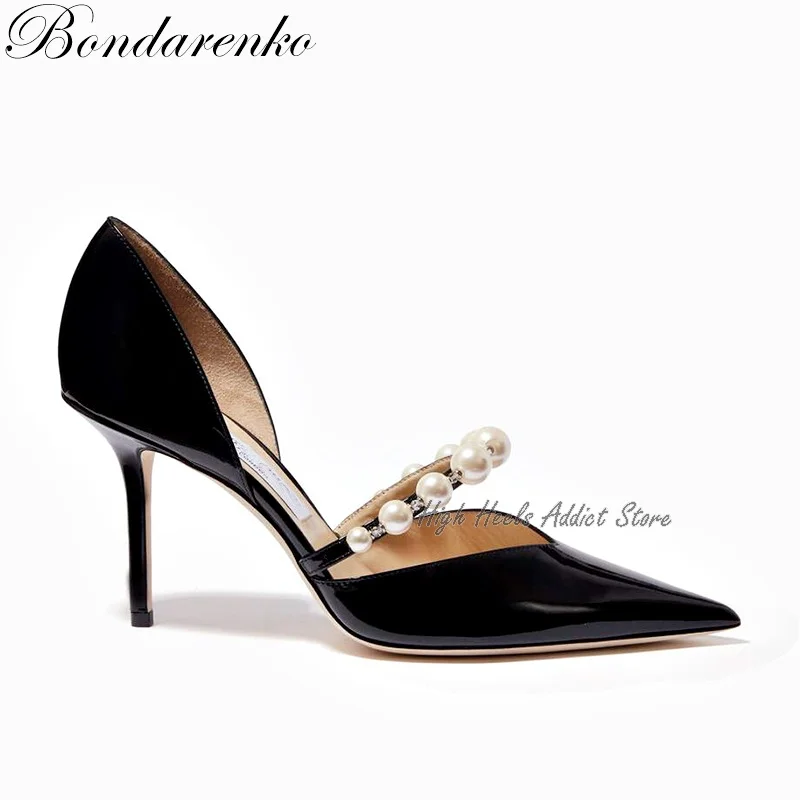 Pointy Toe Pearl Leather Pump Sandals Black\\White High Heels Women Stiletto Shoes 2022 New Luxury Designer for Women